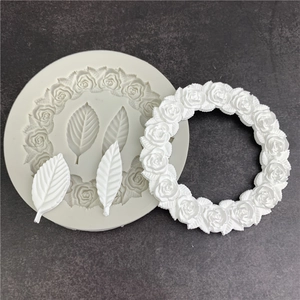Rose Wreath And Leaf Silicone Mold For Cake Decorating Chocolate Fondant Baking Tool Grey Flower Round Silicone Mold