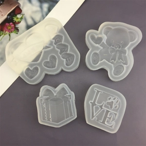 DIY silicone mold set featuring love bear and gift box shapes for chocolate and fondant cake