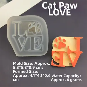 Detailed size parameters for the LOVE cat paw silicone mold with finished resin sample