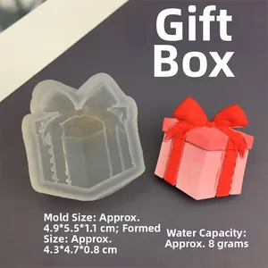 Silicone mold for gift box cake topper with exact dimensions and 8g water capacity details