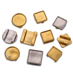 Detailed assortment of geometric stainless steel jewelry bases in gold and silver finish