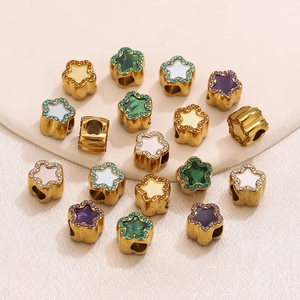 Stainless steel 18K gold star flower pendant beads with colorful enamel and pavé rhinestones