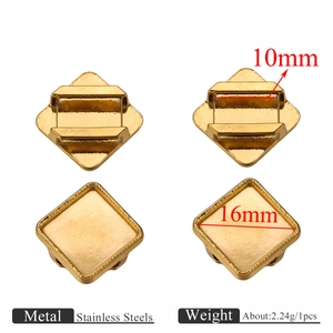 Detailed views of golden stainless steel square jewelry bases with precise dimensions