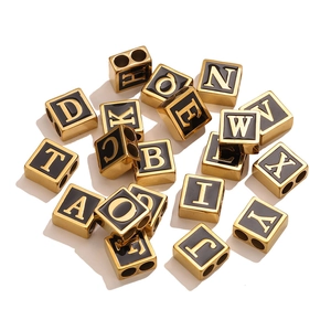 DIY 18K gold plated stainless steel cube alphabet beads with black enamel and double holes