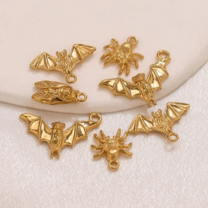 Golden stainless steel animal pendants featuring bats, spiders, and beetles for DIY jewelry