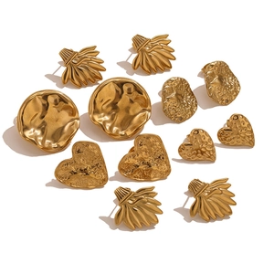 Vintage gold hammered earrings set including round, heart, leaf and oval metal stud designs
