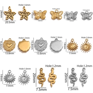 DIY stainless steel pendants set in butterfly heart and sun shapes with size specs