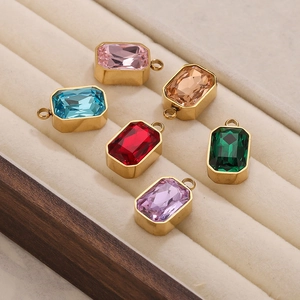 Rectangle glass gemstone pendants in six colors with gold plated metal frames for DIY jewelry