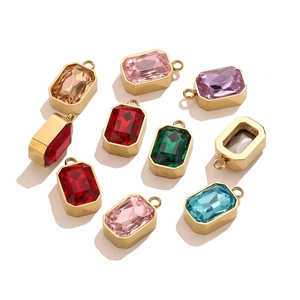 Set of colorful rectangular faceted glass pendants with gold plated stainless steel frames