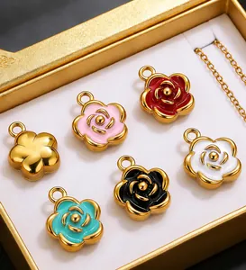 Six colorful camellia flower charms with 18K gold plating and enamel dripping detail