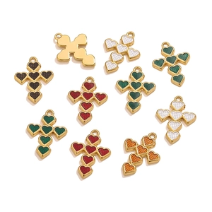 Luxurious stainless steel heart cross pendant set in multi-color enamel for DIY jewelry