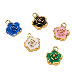 Five colorful enamel camellia flower pendants with 18K gold plated stainless steel edges