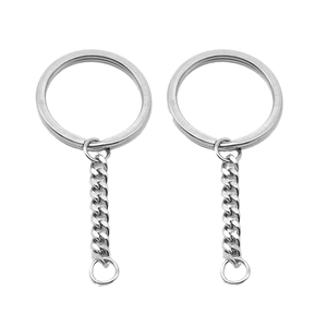 Set of two polished stainless steel flat key rings with curb chains and jump ring attachments