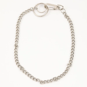 Close-up of silver metal hip-hop pants chain featuring lobster clasp and double ring details