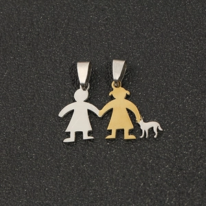 Polished stainless steel family charm featuring two girls and a dog in gold and silver