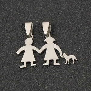 Detailed close-up of a family pendant featuring two girls and a dog in silver stainless steel