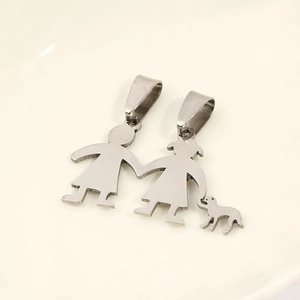 Polished stainless steel family charm featuring two girls and a dog silhouette