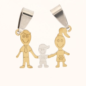 Detailed view of family pendant with gold and silver tone figures on white background