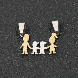Close-up of a stainless steel family pendant with two-tone gold and silver finish