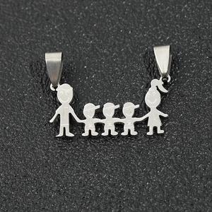Polished silver stainless steel family pendant showing five figures holding hands