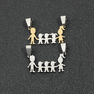 Polished stainless steel family silhouette pendant featuring parents and three children