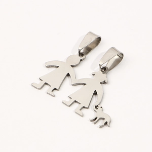 Polished stainless steel family silhouette pendants featuring a little girl and a dog