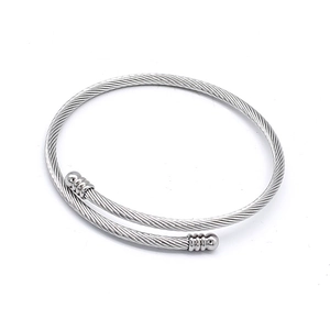 Silver stainless steel spiral cable wire bracelet with adjustable open-loop and ball ends
