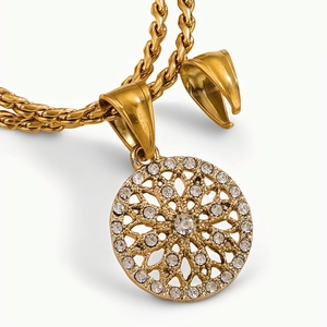 Gold plated 304 stainless steel necklace with geometric hollow pattern and rhinestones