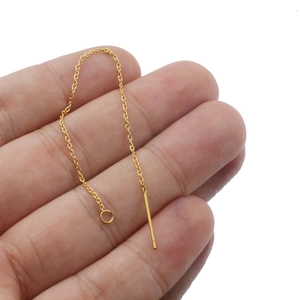 Handheld gold stainless steel threader earring with fine chain and straight post