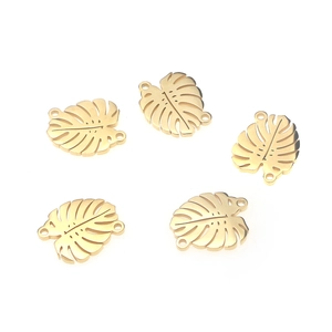 Five gold monstera leaf charms in stainless steel with polished finish for DIY jewelry