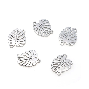 Set of five silver Monstera leaf stainless steel pendant connectors for DIY jewelry making