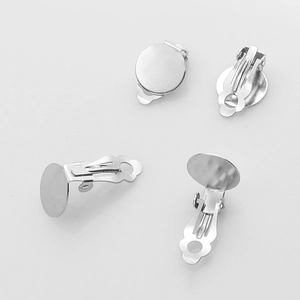 Silver alloy round base clip-on earring components with detailed spring mechanism view