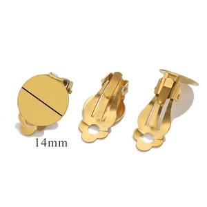 Detail showing 14mm gold-plated stainless steel round earring clip bases for DIY jewelry