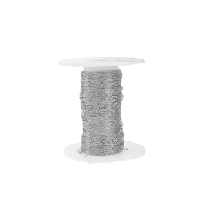 Detailed macro view of 0.25mm stainless steel thin chain wound on a white spool for DIY