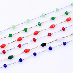 Handmade beaded 0.25mm stainless steel chains with colorful faceted crystals and gold plating