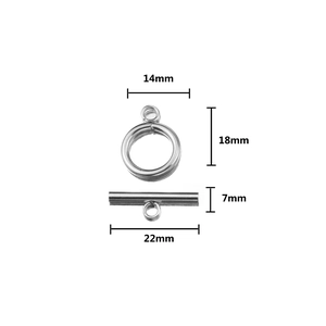 Macro view of silver stainless steel toggle clasp with dimensions 18mm and 22mm