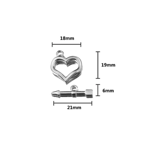 Detailed size view of silver heart shaped OT toggle clasp for DIY jewelry making