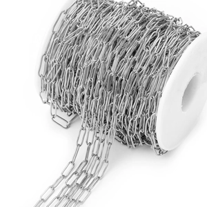 Macro shot of silver stainless steel paperclip chain on a white plastic spool