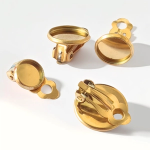 Golden stainless steel clip-on earring converters with round tray for DIY jewelry making