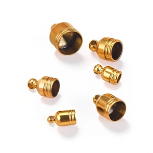 Golden stainless steel cord ends with grooves and top loops for DIY jewelry making