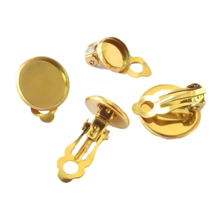 Golden stainless steel clip-on earring bases with flat trays for DIY jewelry making