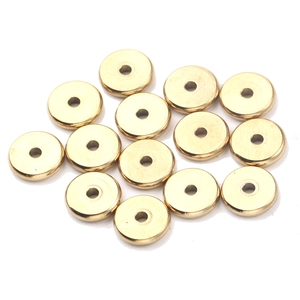Flat golden stainless steel wheel spacer beads for DIY jewelry making displayed on white background