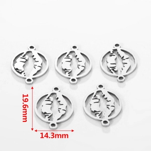 Detail view of 5 hollow world map stainless steel pendants for DIY jewelry making