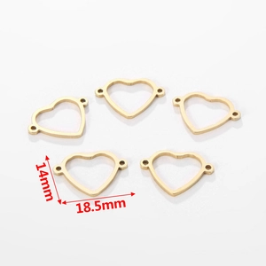 Detail view of 18.5mm x 14mm heart-shaped golden stainless steel pendant connectors