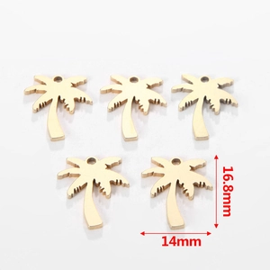 Detailed view of 5 gold palm tree charms showing 16.8mm height and 14mm width dimensions