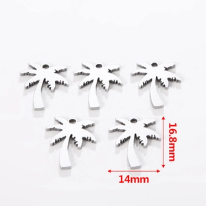 Detailed size view of five hollow palm tree charms in stainless steel measuring 16.8x14mm