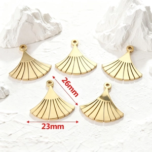 Five gold fan-shaped stainless steel charms 26x23mm for DIY jewelry making