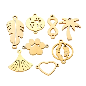 Set of 8 gold stainless steel hollow charms including love, feathers and palm tree for DIY
