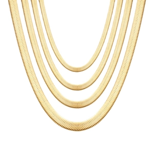 Flat herringbone snake chains in 18K gold plated stainless steel with multiple widths