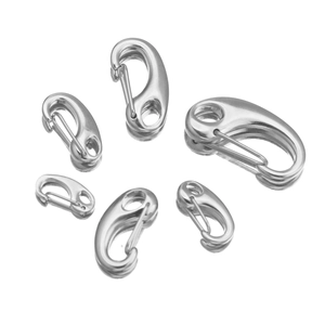 Polished stainless steel spring hooks in various sizes displayed in a circular layout